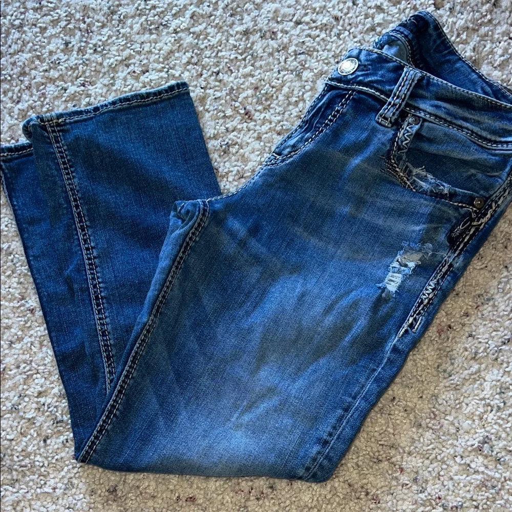 Silver Jeans Women's Distressed Blue Elyse Capris Ankle Jeans Size 29 - Picture 1 of 7